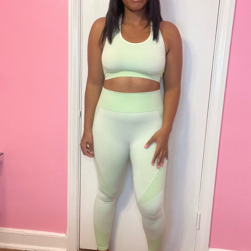 2 Piece Lime Green Seamless Textured High Waist Leggings and Sports Bra Gym Set
